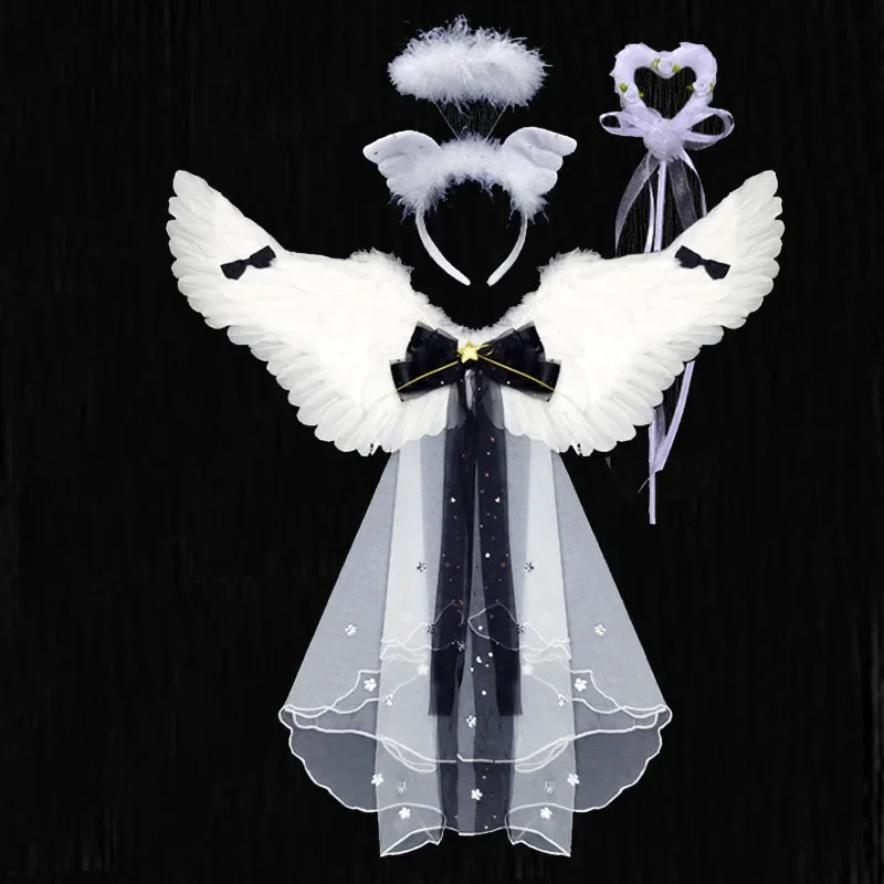 Feather Angel Wings Party Costume Fancy Dress Fairy Wing Halo Ring Flower Headband Magic Wand     Decoration Wedding Festival