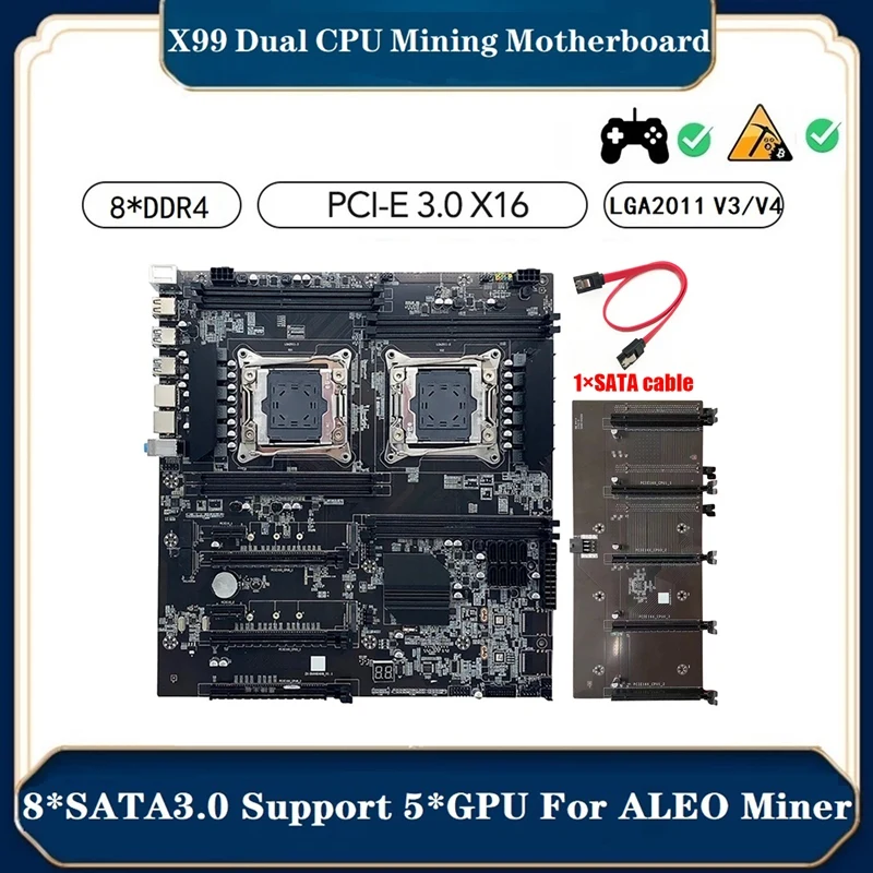 

X99 Motherboard Mining Motherboard +SATA Cable LGA2011 V3/V4 8XDDR4 RAM Slot PCIE 16X 8XSATA3.0 Supporting 5 GPU Miner