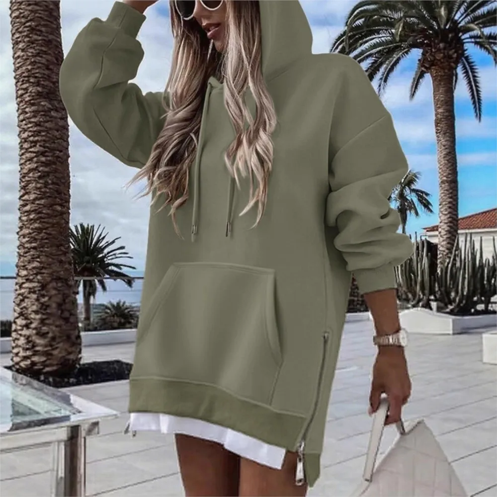 

Simple Fashion Women's Hoodie Sweatshirt 2025 Autumn Winter Side Zipper Solid Color Pocket Pullover Hooded Warm Casual Outfits