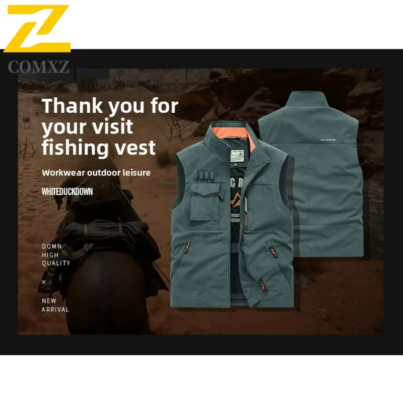 

COMXZ 2025 мужской жилет с несколькими карманами для уличной рыбалки, фотографии, повседневная спортивная куртка без рукавов, модный теплый жилет, осень