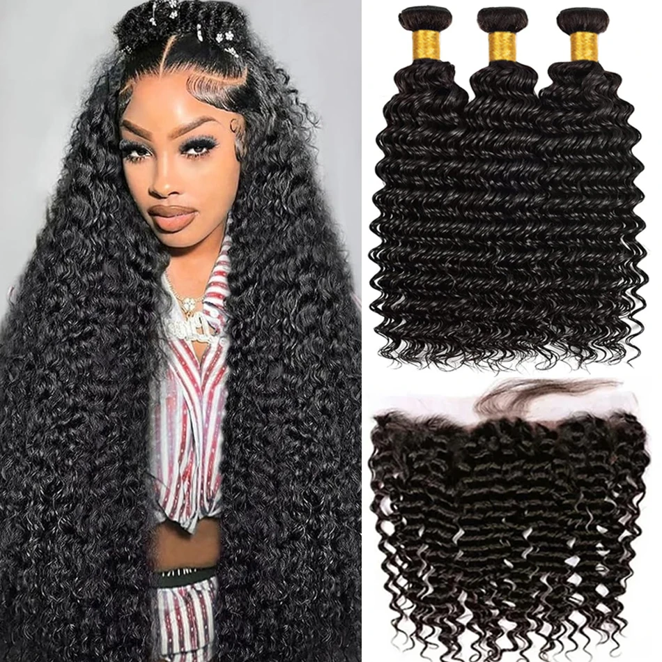 Human Hair Bundles With 13x4 Transparent Lace Frontal Deep Wave Brazilian Extensions Weave 3 4 Bundles With Frontal for Women