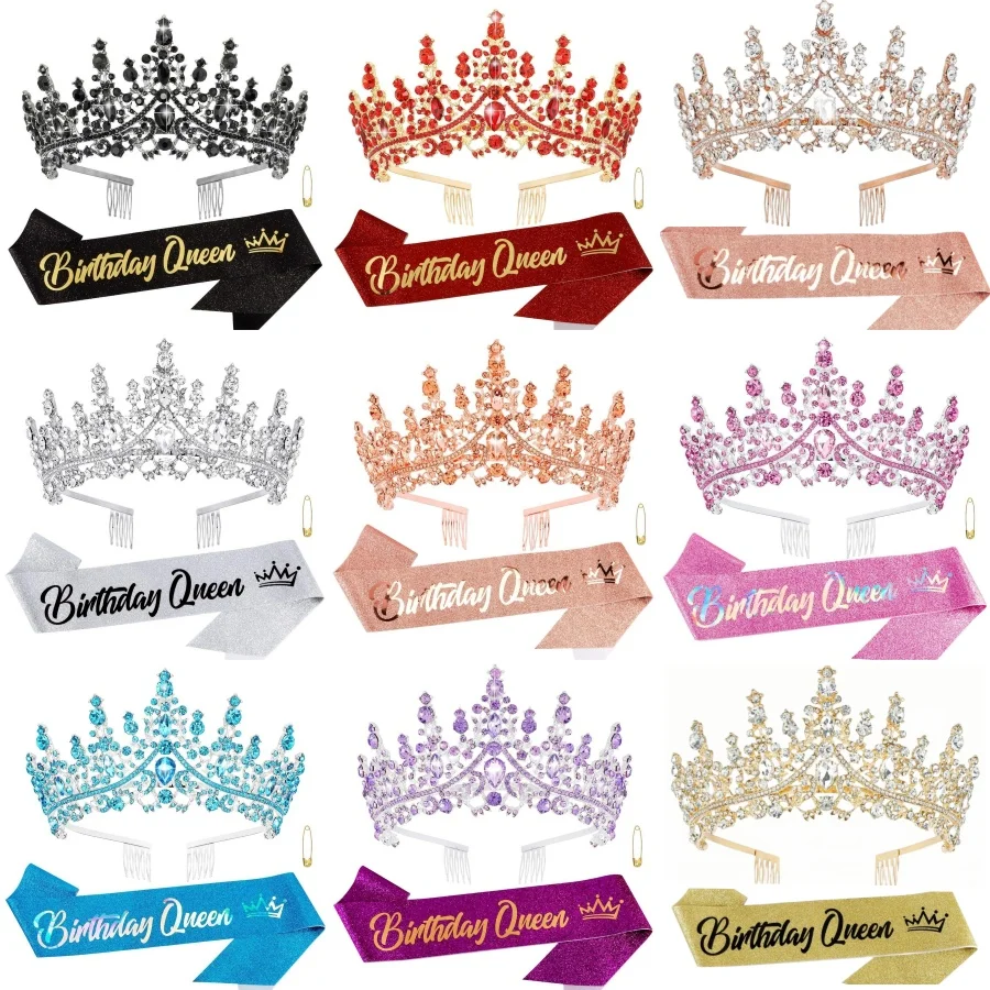Diadema de Cumpleaños con Pedrería Barroca, Cinta de Reina, Corona, Tiara, Diadema con Pin, Decoración para Fiesta de Cumpleaños