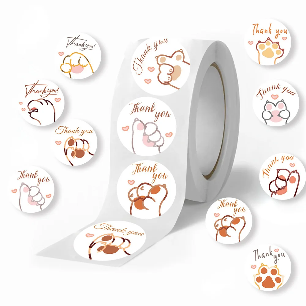 JCAC 500pcs/roll Cute Cartoon Cat Paw Thank You Stickers, Self-Adhesive Labels for Teacher Reward, Student Encouragement Seal