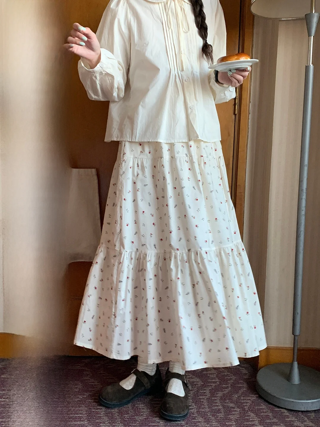 

Юбка с цветочным принтом и эластичной талией, универсальная корейская юбка-трапеция, дышащая, приятная для кожи, из смесового хлопка