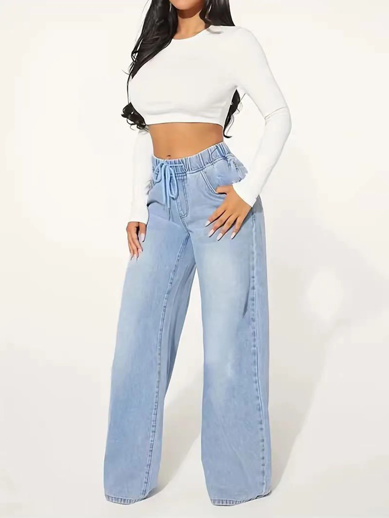 

New Women's Fashionable Casual Straight Leg Jeans with Drawstring Washed Denim, Versatile Jeans for Daily Use