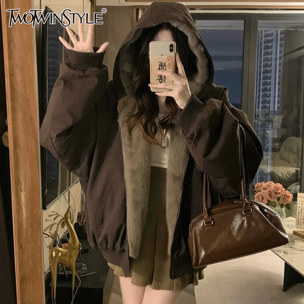 

TWOTWINSTYLE Solid Spliced Folds Korean Jacket Female Hooded Long Sleeve Loose Design Chic Women's Jackets Autumn Fashion New