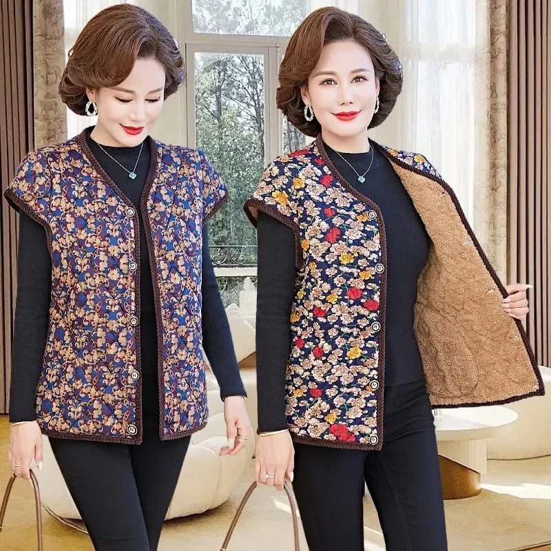 Elderly Female Quilted Warm Sleeveless Jacket Autumn Winter Middle Aged Mother Casual Print Fleece Waistcoat Women Vest Coat 4XL