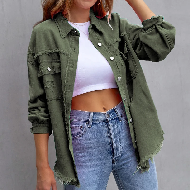 여성 데님 재킷 가을 긴 소매 턴 다운 칼라 포켓 캐주얼 디스트레스드 빈티지 찢어진 진 코트