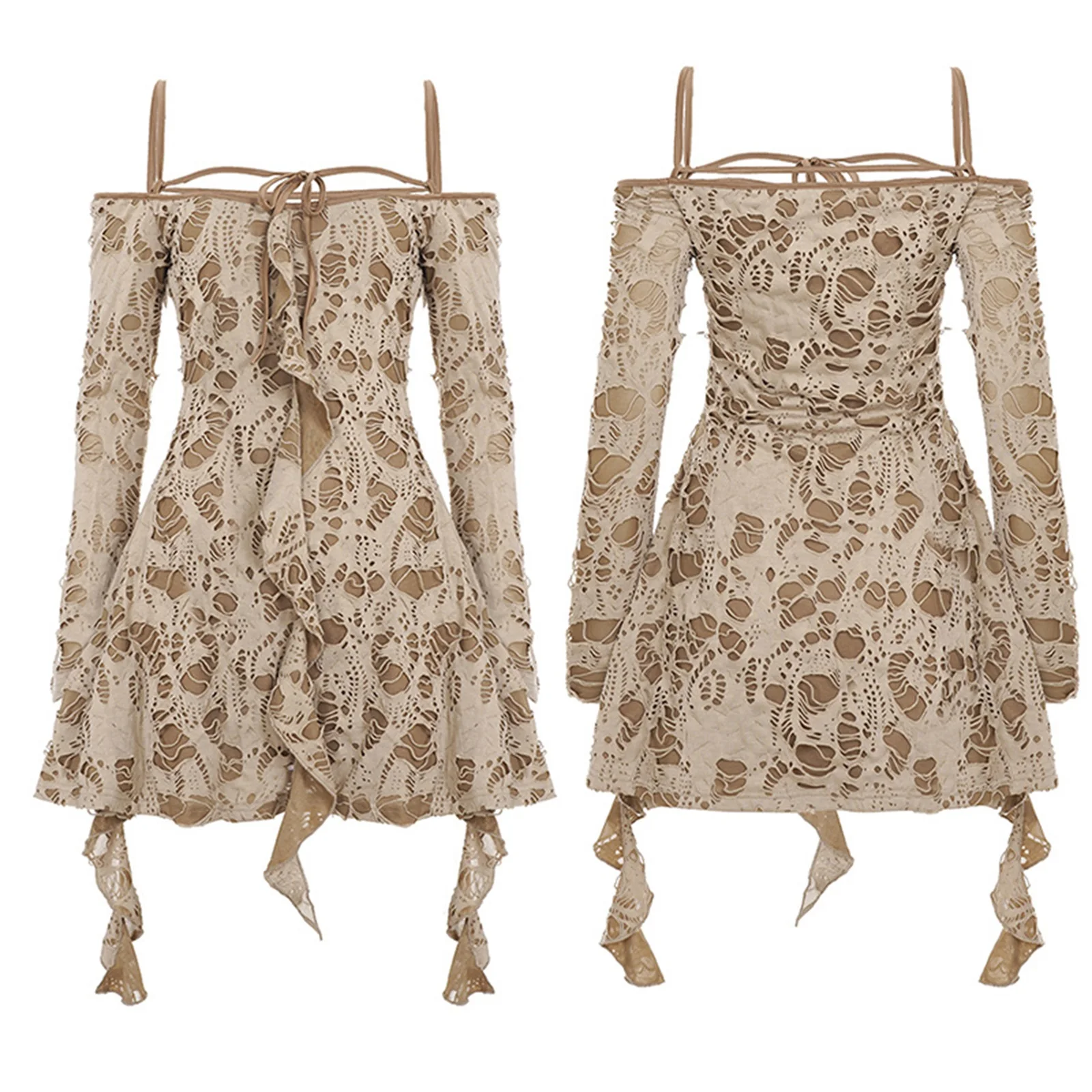 Combhasaki feminino amarrar ombro frio acima do joelho vestidos manga longa fora do ombro sem alças na moda rasgado em camadas babados vestido