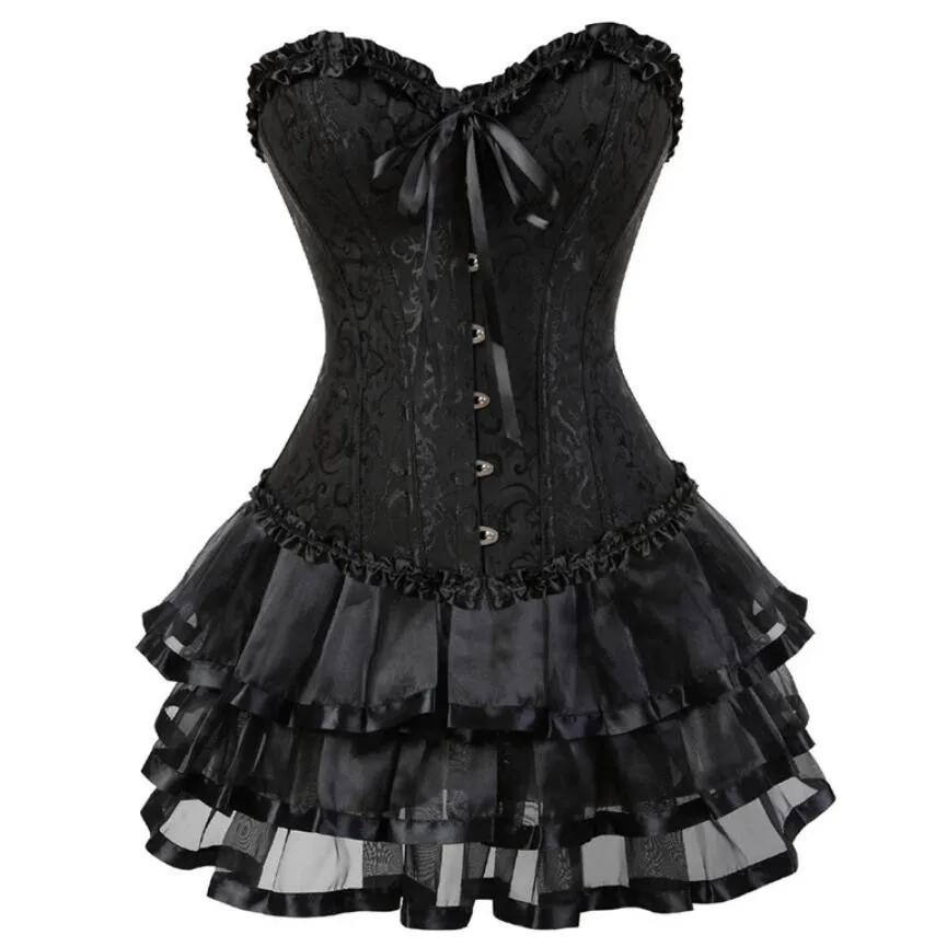 Women's Sexy Jacquard Lace Up Overbust Corset Bustiers Dress Gothic Body Shaper Mini Skirt Tutu Plus Size XS-7XL