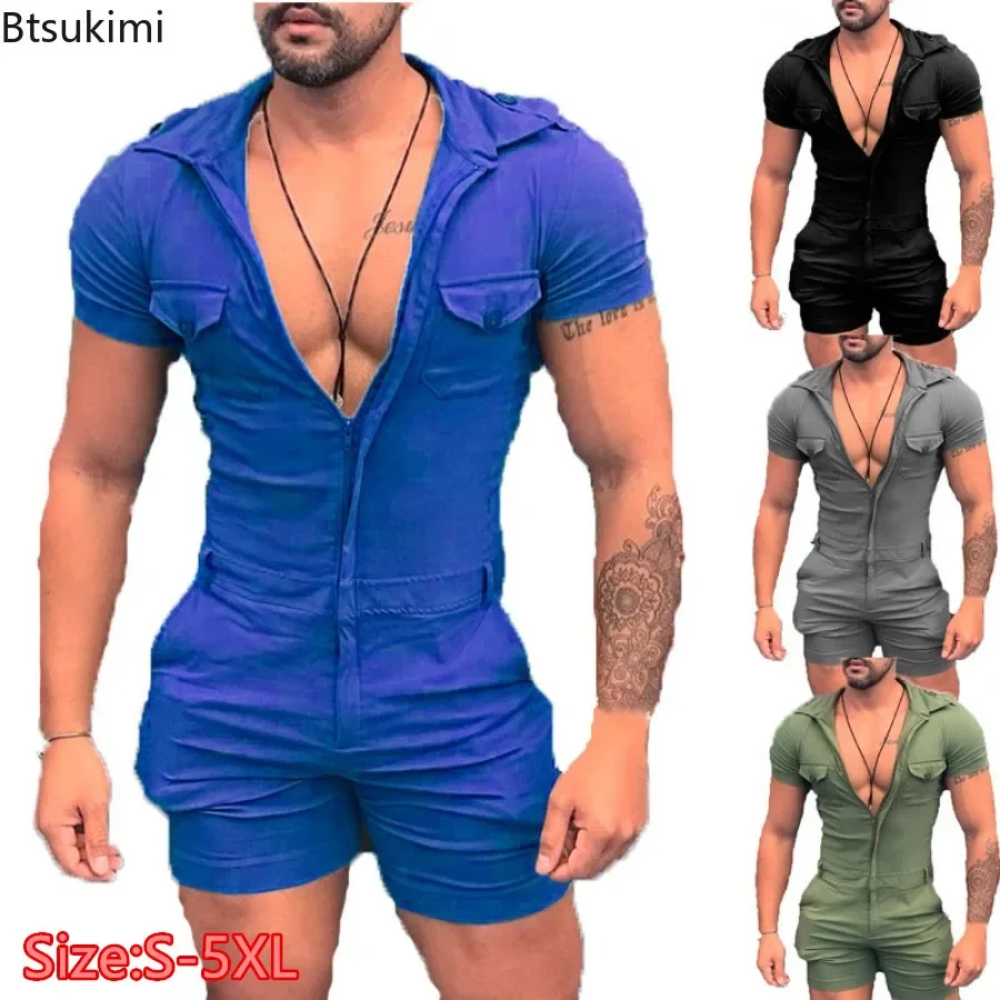 2025 Men's Summer Solid Short Sleeve Jumpsuits Fashion Slim Sexy One-piece Shorts Vintage Lapel Zip Rompers Men Street Playsuits