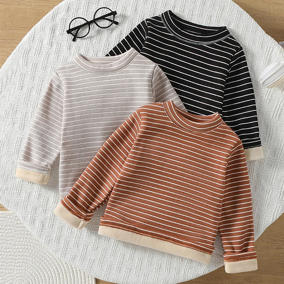 2/3 Children's Warm Top With Striped Print For Autumn/Winter Fashionable Multi Colored Thick Casual Sweat AbsorbingVersatile