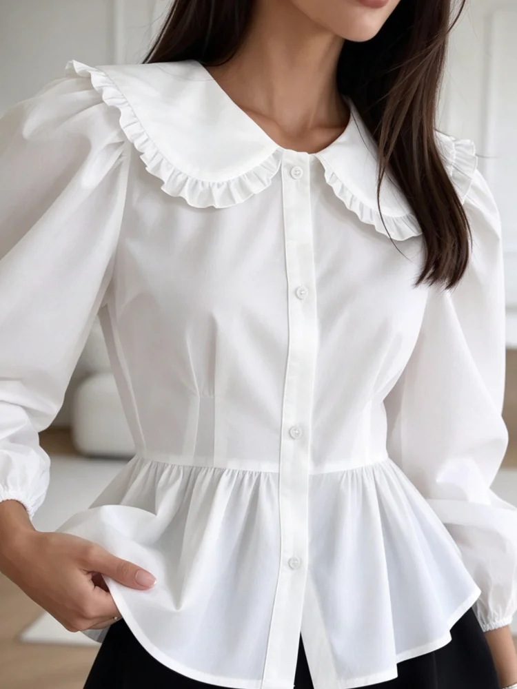 French Style Women Peter Pan Collar Ruffle Peplum Blouse, Puff Long Sleeve Button Down Shirt, Elegant Casual Office Commute Top