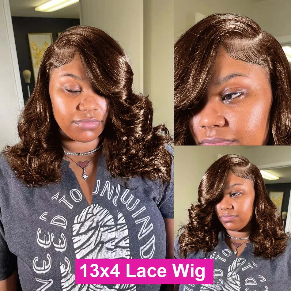 Chestnut Brown Short Bob Human Hair Wigs Transparent Chocolate Brown Body Wave 13x4 Full Lace Frontal Natural Hairline Pre Pluck