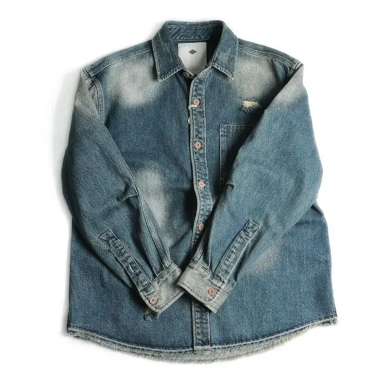 

Винтажная мужская джинсовая куртка-рубашка из плотного денима, модная молодежная модель с длинным рукавом, осенняя одежда