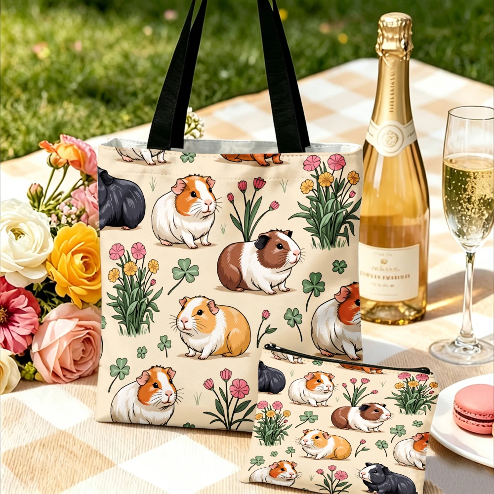 Cute Guinea Pig Pattern Tote Bag Flowers And Animals Shoulder Bags And Cosmetic Bag Combination For Daily Use Storage Pouch
