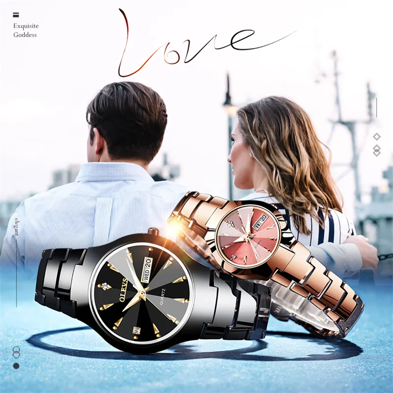 OLEVS, reloj de pareja para hombre, reloj de cuarzo para amantes, reloj de pulsera de lujo para mujer, reloj luminoso resistente al agua de acero de tungsteno