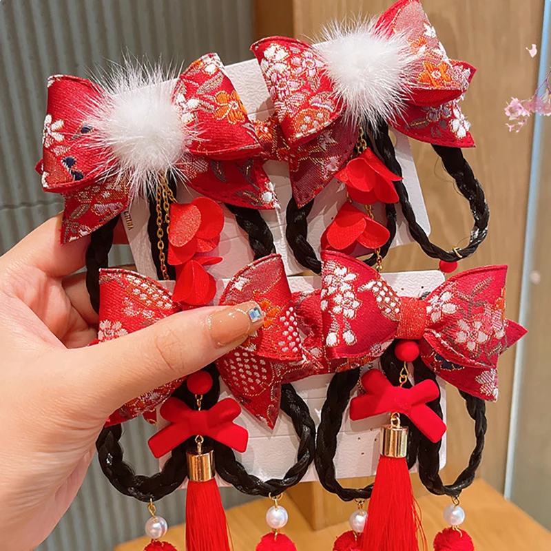 New Year Headwear for Kids Chinese Style Wigs Braided Hair Clips Hanfu Red Tassel Hairpins Girl Hair Accessory New Year Gift