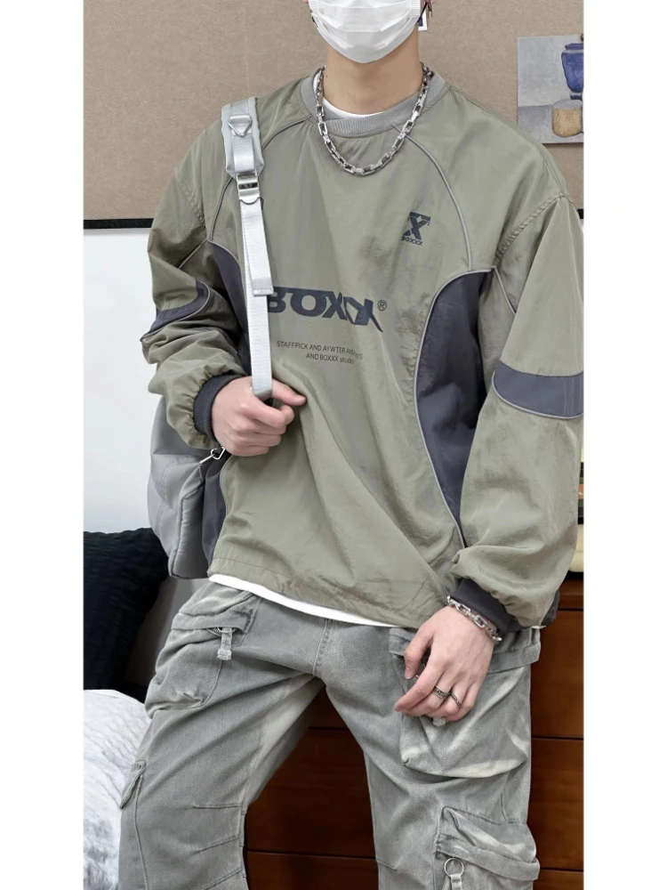 High Street Punk Sweatshirt Men Spring Loose Functional Letter Print Long Sleeve Pullover Harajuku Drawstring Casual O-Neck Tops