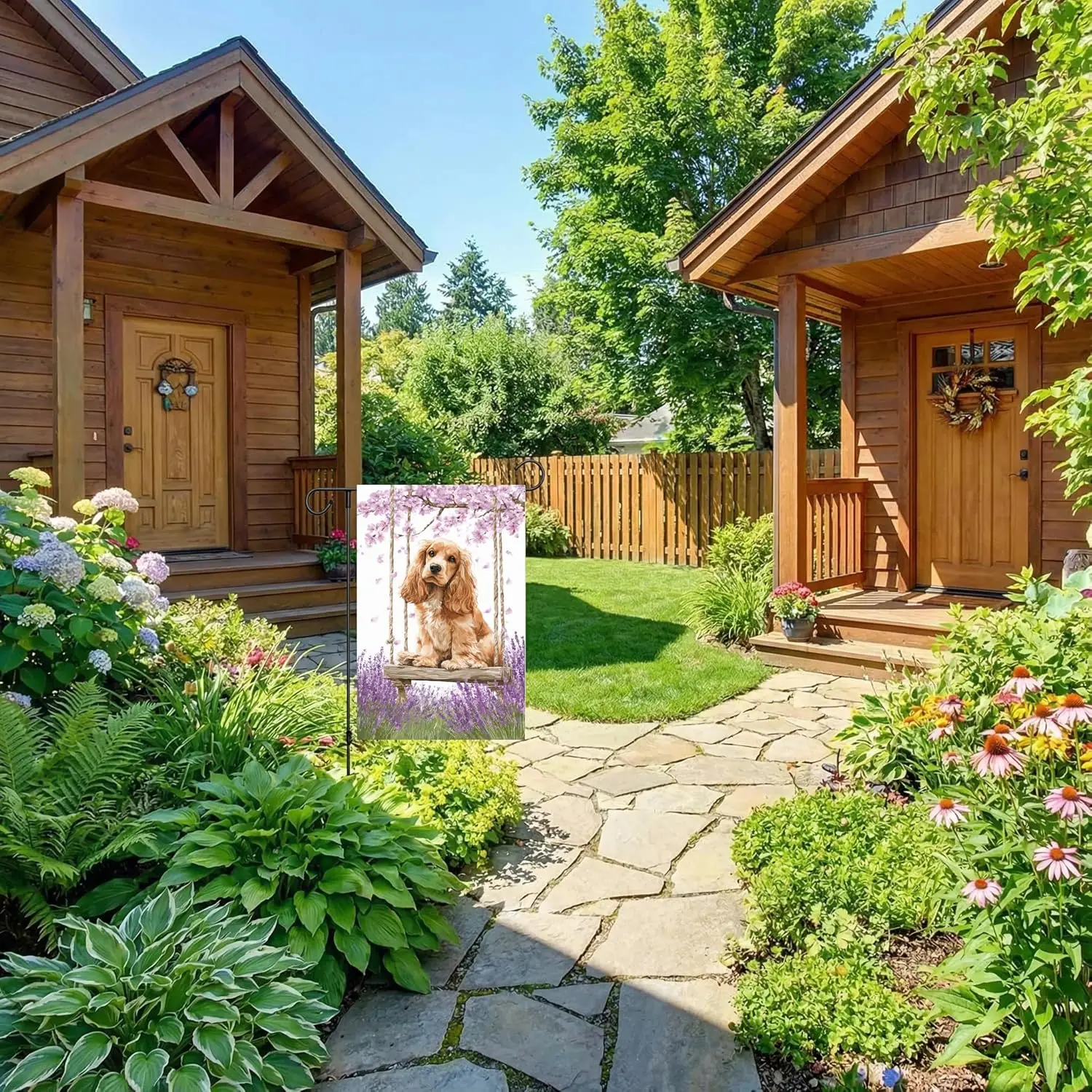 Hello Spring Cocker Spaniel Garden Flag 12x18-Inch Double-Sided Cherry Blossom Swing And Lavender Seasonal Decoration Farmho PPM