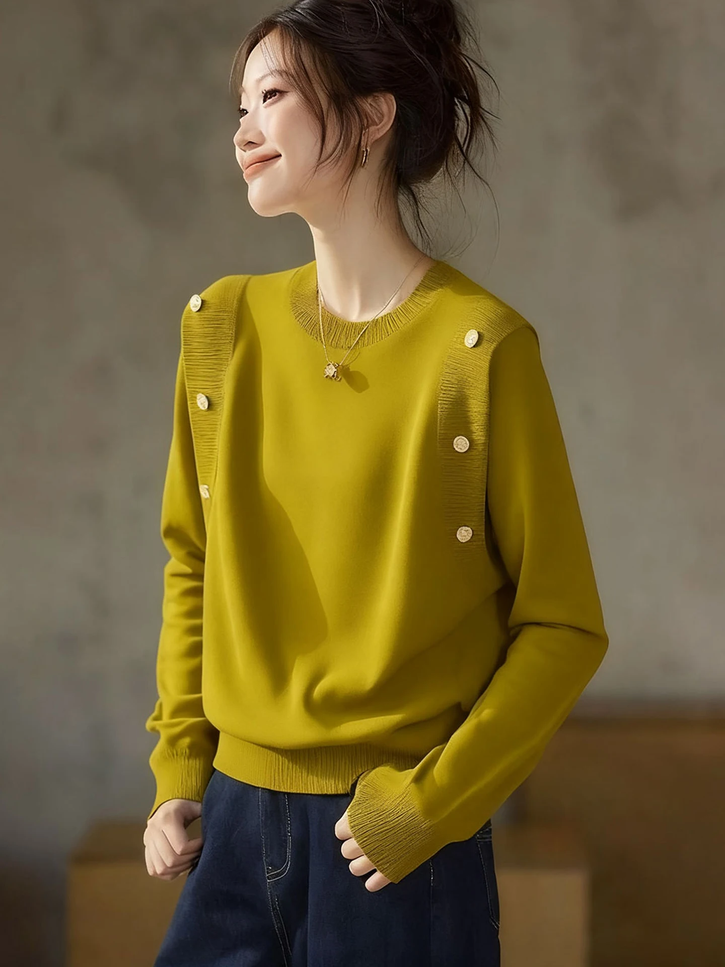 Lässiger gestrickter langer Sve-Pullover mit rundem Ne-Motiv, faionable Winter 2025, Damen-Oberbekleidung, lockere Passform, Farbe, Pendeln