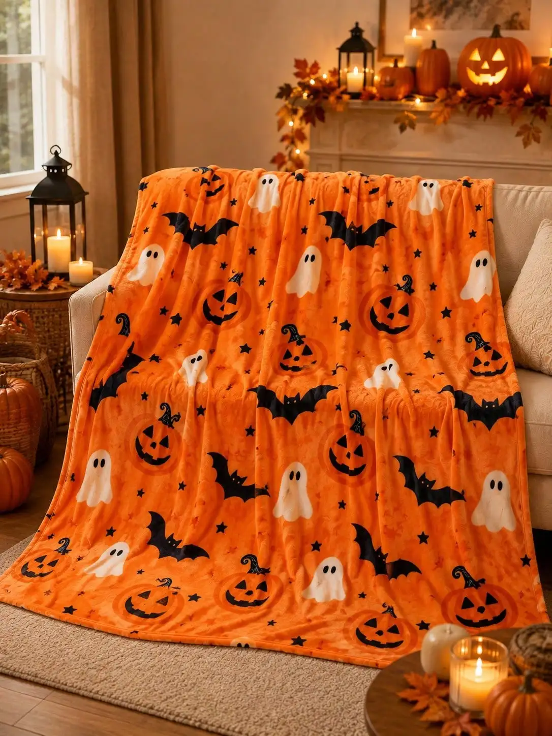 Halloween Flannel Blankets Warm Orange Ghostly Pumpkin Bat Soft Comfortable Throws Blankets Birthday Gifts Family Holiday Daily Couple Friend Party Anniversary Wedding Souvenir Christmas Thanksgiving New Year Gift Bed Sofa