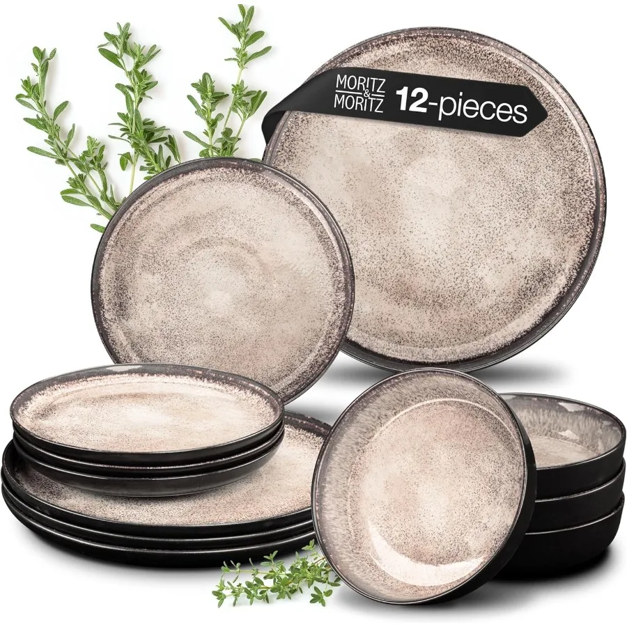 12-Piece Porcelain Dinnerware Plate Set for 4 | Includes 4 Dinner Plates, 4 Dessert Plates, 4 Bowls | Modern Beige Ceramic Table
