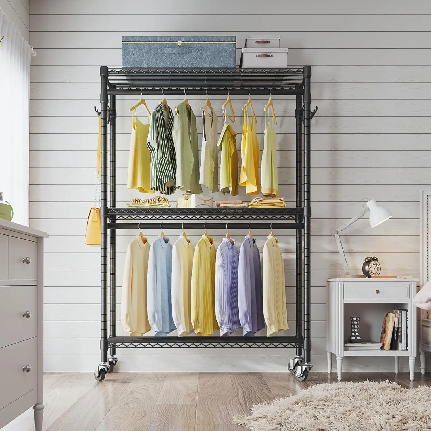 Adjustable Wire Shelving Clothes Rack with Double Rods and Side Hooks