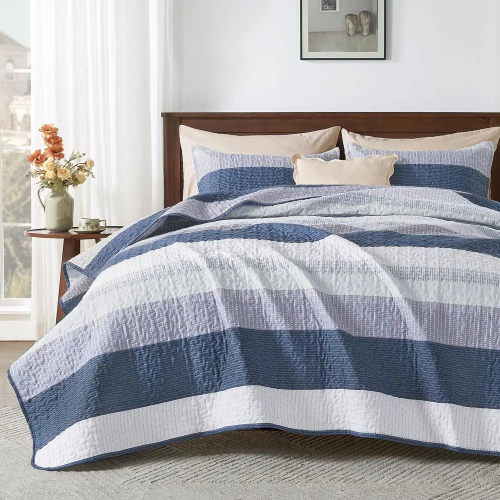 King Size Quilt Set Mineral Blue, 3 Pieces Summer Ultra Soft Lightweight Bedspreads amp Coverlets Set, Patchwork Striped Quilted