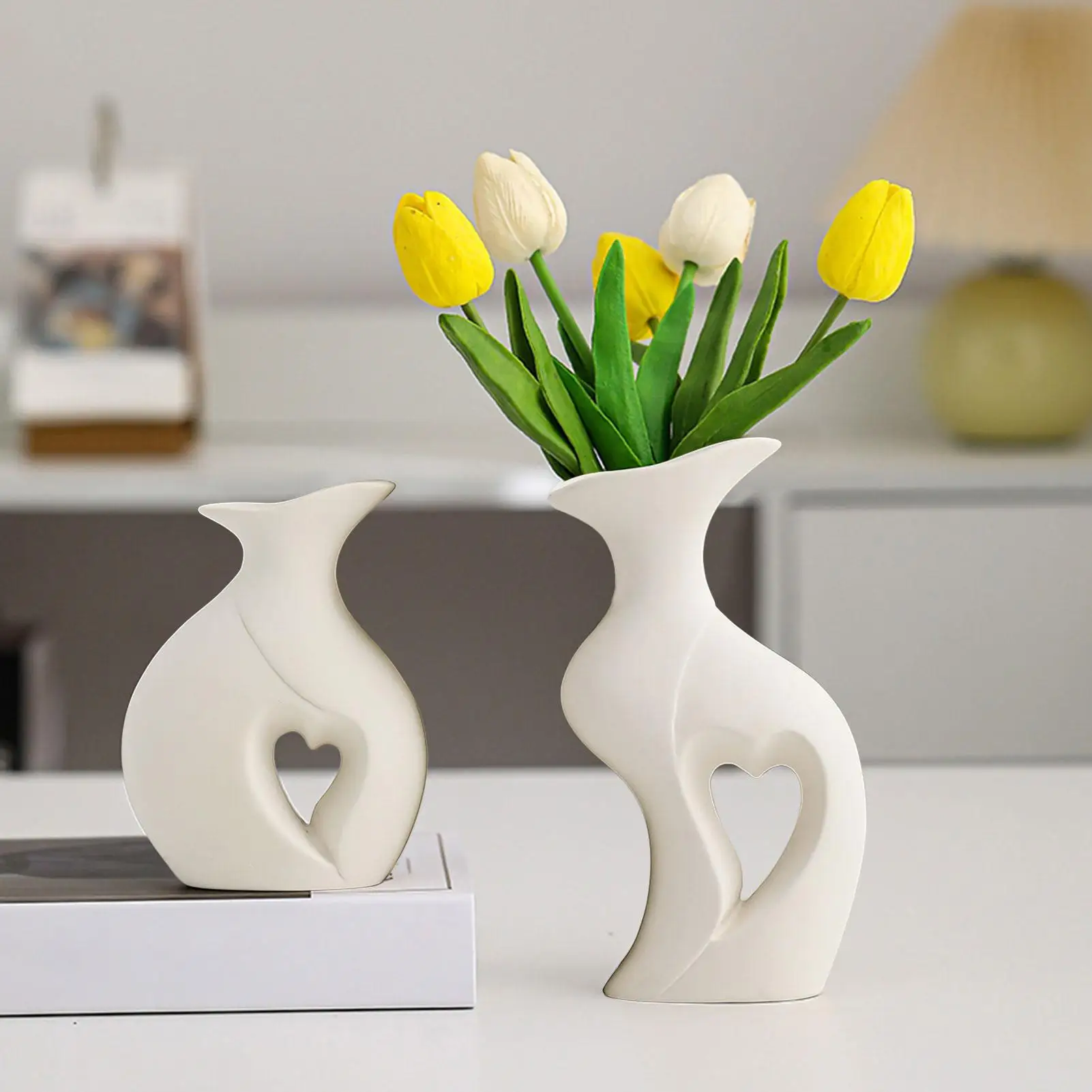 2pcs Ceramic Vase Heart-Shaped Modern Vases Home Decor Centerpieces for Tables for Bedroom Living Dining Room Kitchen Office