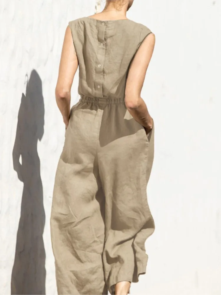 Elegant Linen And Cotton Women Jumpsuit, Office Uniform With Buttons And Round Neck, Sleeveless, With Elastic Pockets And Waist