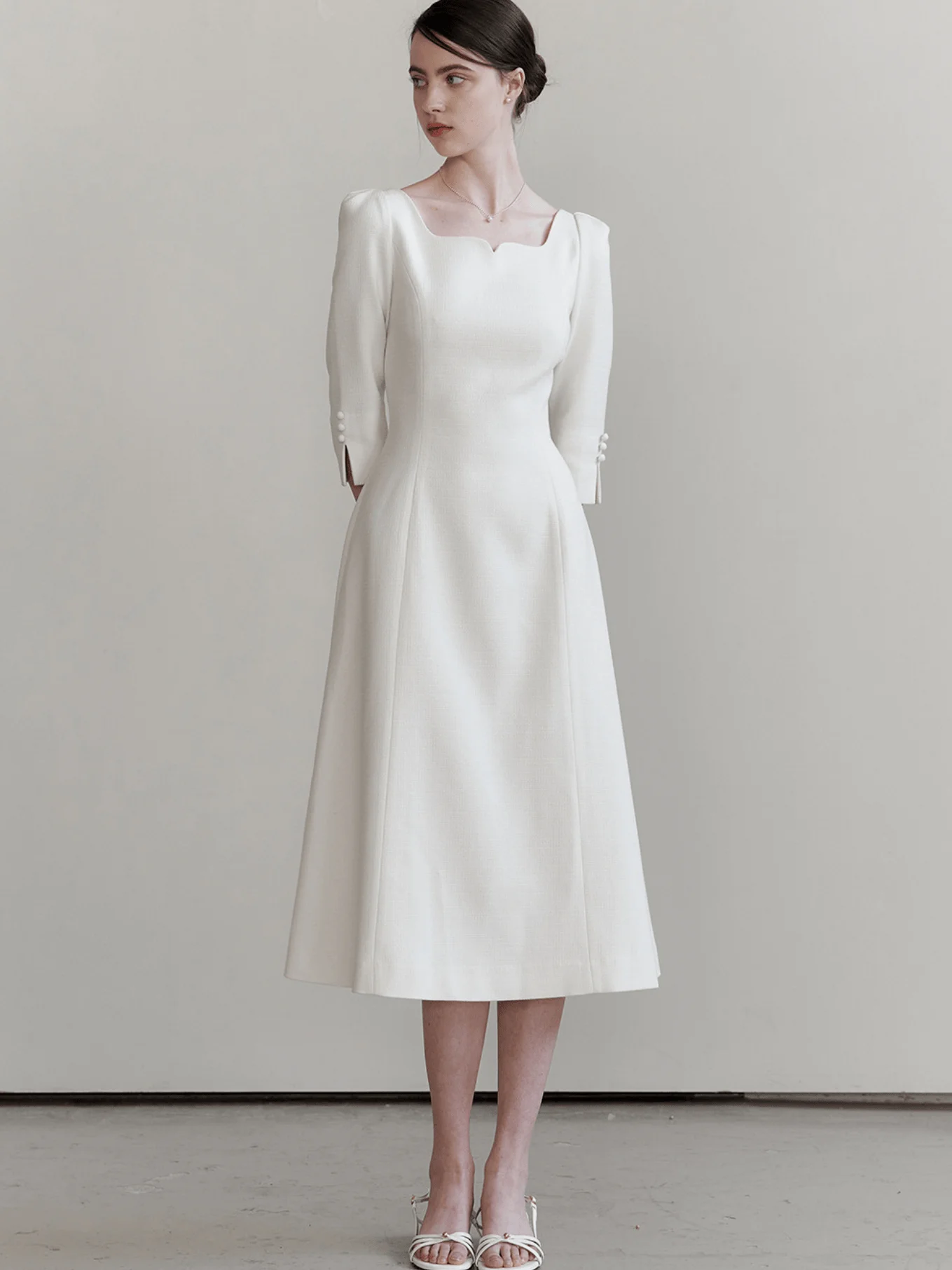 فستان أنيق بتصميم خط A مع ياقة مربعة وأكمام نصفية وتصميم خصر نحيف وطول طويل عصري، إصدار جديد للخريف للسيدات