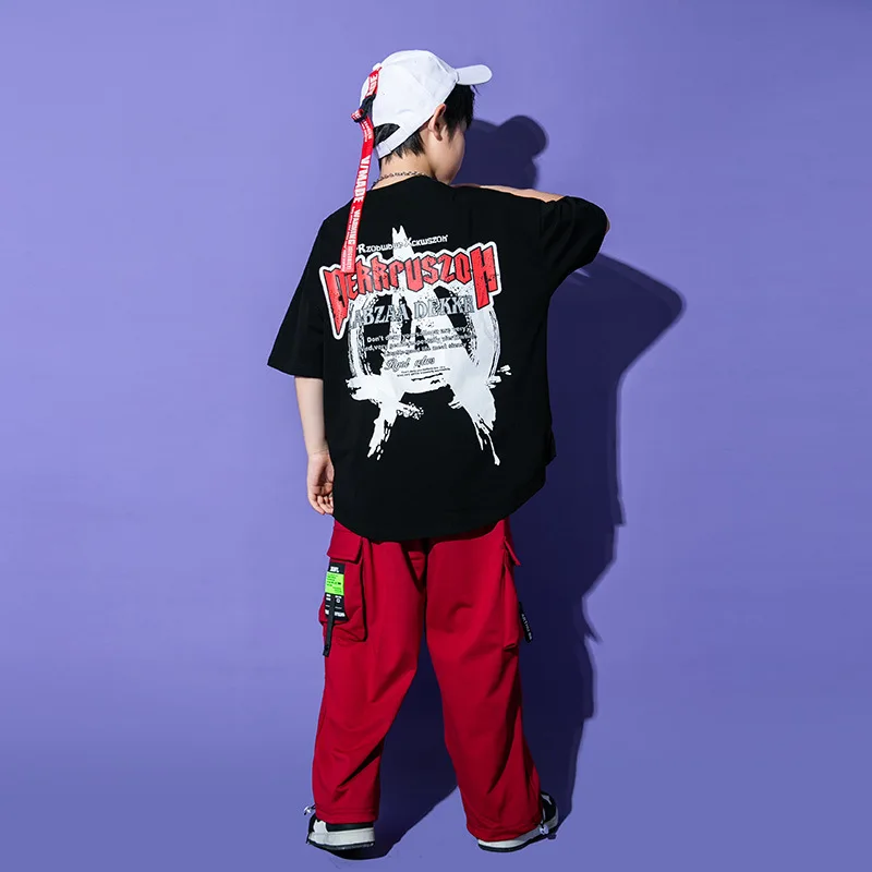 Kid Hip Hop Clothing Black Graphic Tee T Shirt Red Casual Wide Cargo Drawstring Pants for Girls Boys Jazz Dance Costume Clothes