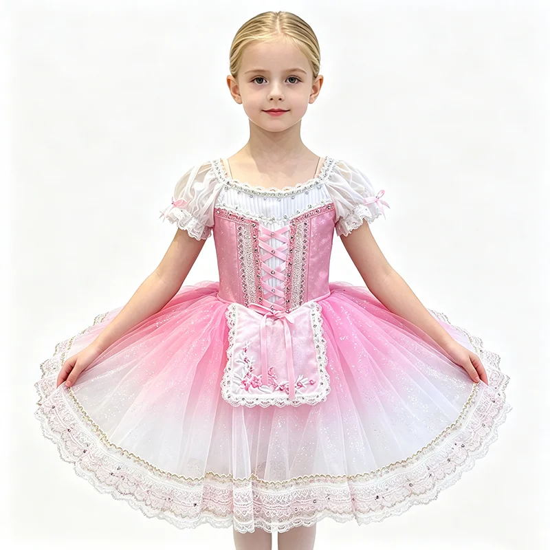 Women lace ribbon pointed V neck ballet tutu performance dress purple rhinestone gilded scroll embroidery black pink contrast se