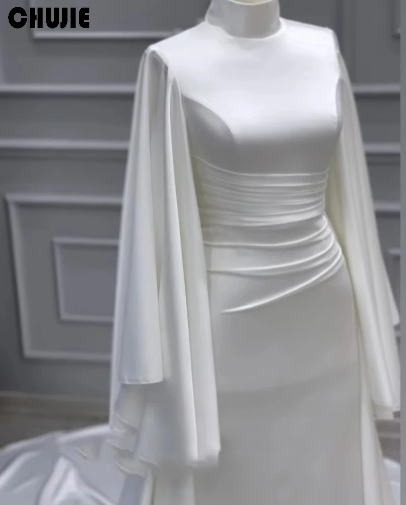 Muslim Wedding Dress Satin High Neck Customized White Arabic Bridal Gown Long Puffy Sleeves Vestido De Noiva فستان الزفاف