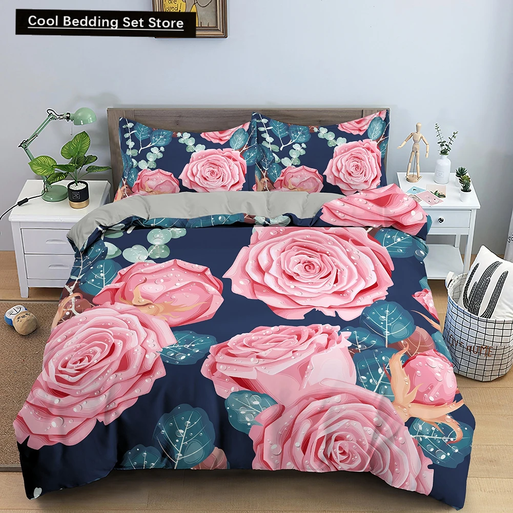 3D Rose Flower Duvet Cover Queen King Double Bedding Set 2/3pcs Quilt Cover with Zipper Closure King Size Polyester Quilt Cover