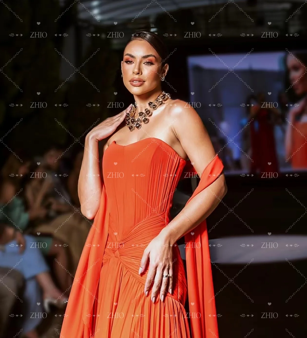 ZHIO élégant robe de soirée Orange sans bretelles plissé écharpe longueur de plancher robes de soirée de mariage robe de bal personnalisé فساتmavera