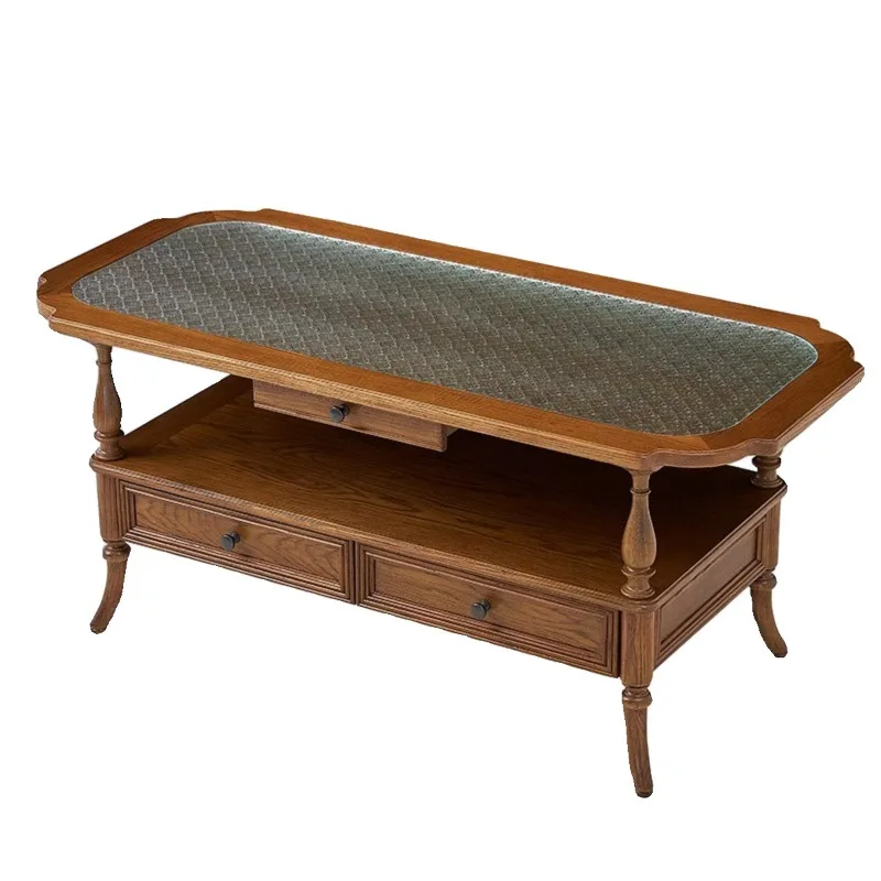 

French solid wood coffee table log living room household simple light luxury retro furniture double-layer