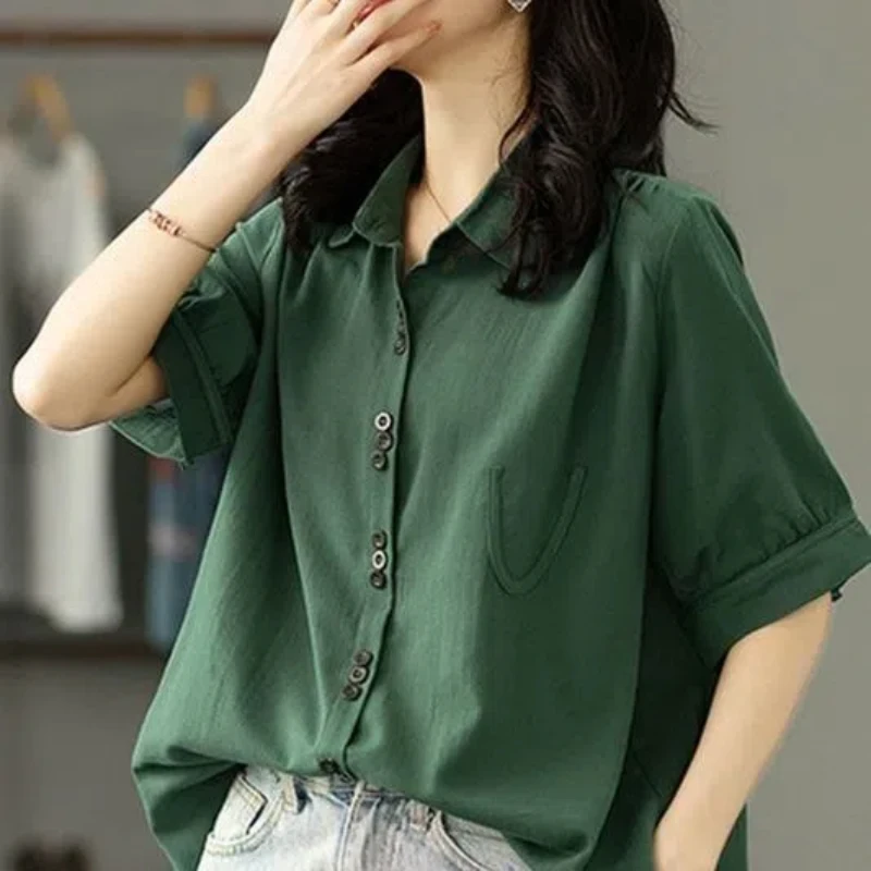 

Vintage Polo Neck Button Blouse Summer New Short Sleeve Solid Loose Lazy Style Shirt Tops Fashion Casual Women Clothing Office
