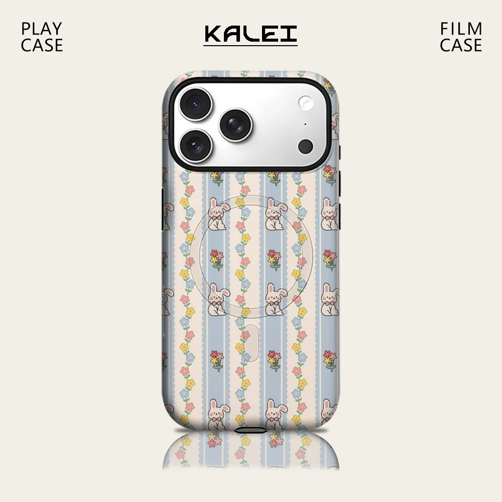 Light Blue Stripe Bunny Phone Case for IPhone 17 16 15 14 13 Pro Max Plus for Magnetic Single Double-layer Tough Case
