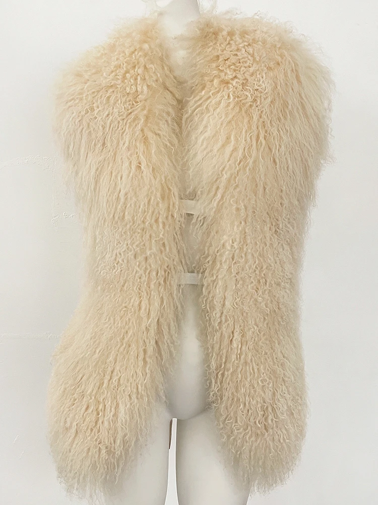 Women Outerwear Coat Solid Deep V-Neck Backless Bandage Sleeveless Jackets Fluffy Luxury Real Mongolian Fur Halter Vests
