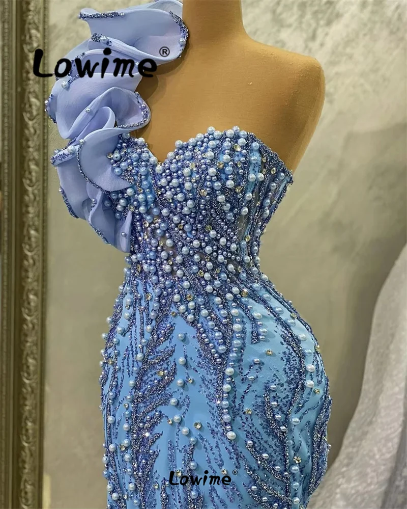 Customized Blue One Shoulder Pearls Mermaid Evening Dress Ruffles Long Prom Dresses Beading Crystals Party Gown For Wedding Robe