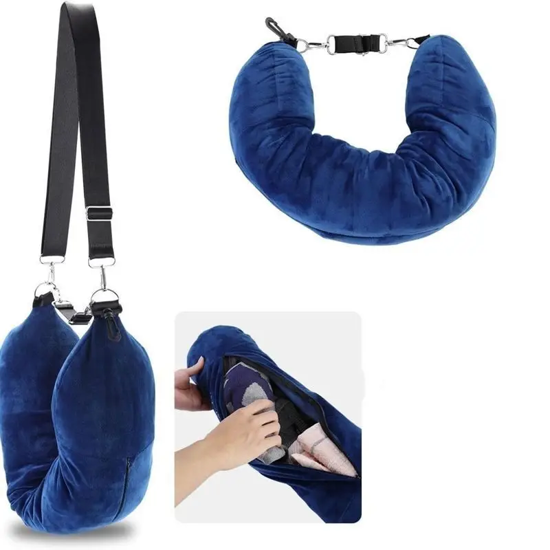 Blue Stuffable Travel Pillow, Clothes Storage Neck Pillow - No Extra Baggage Fee, Essentials for Travel 5+ Days, No Filling