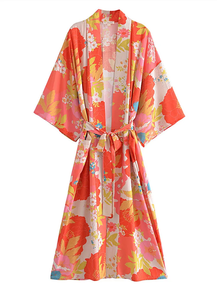 Bohemia Orange Flower Leaves Print Long Kimono Shirt Ethnic Lacing up Sashes Long Holiday Cardigan Loose Blouse Tops BOHO