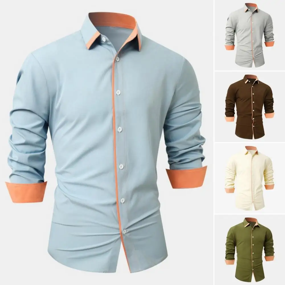 Men Button-up Shirt Contrast Color Slim Fit Men's Shirt with Turn-down Collar Long Sleeve Single-breasted Design for Formal