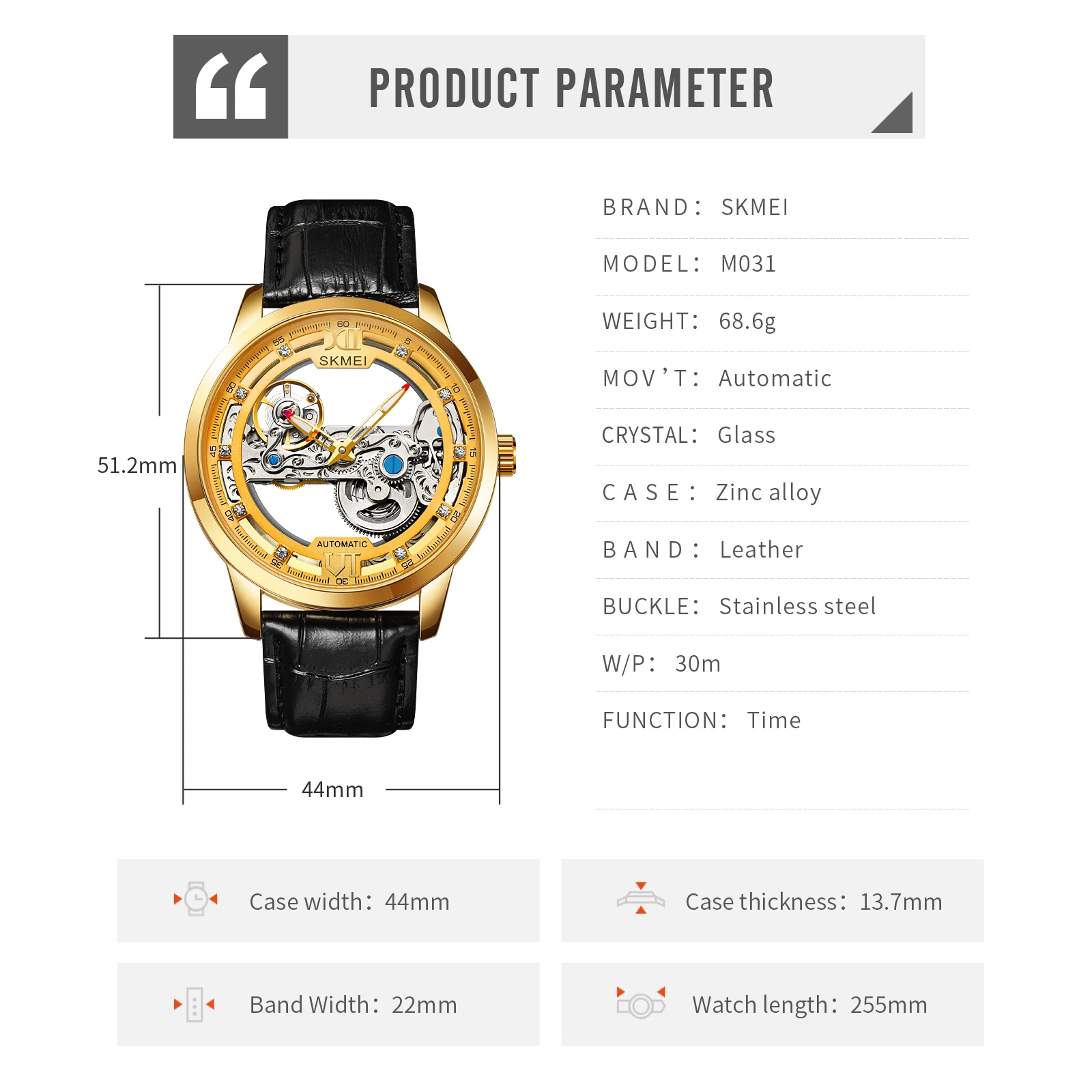 SKMEI Fashion Openwork Art Transparent Watch Three-Dimensional Creative Embossed Business Atmosphere Men's Mechanical Watch M031