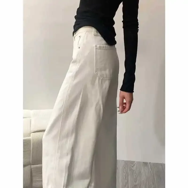Jean femme grande taille pantalon couteau incurvé jambe large Denim printemps automne bouton décoration pantalon décontracté pour dames grande taille