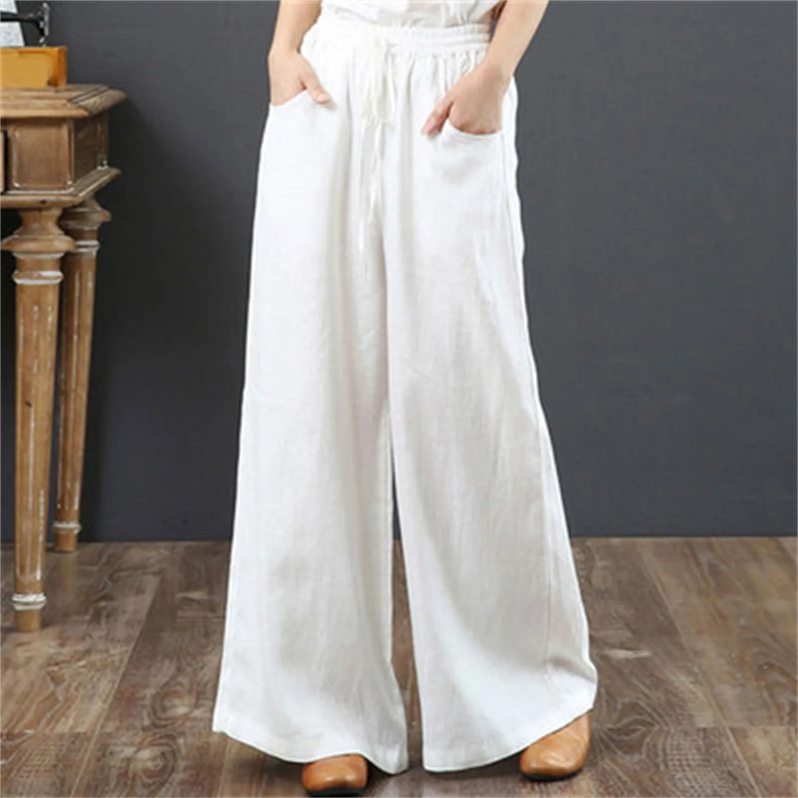 

Women Cotton Linen Pants Y2k Vintage Solid Color Jogging Trousers Loose Drawstring Double Pocket Bottoms Casual Daily Wear