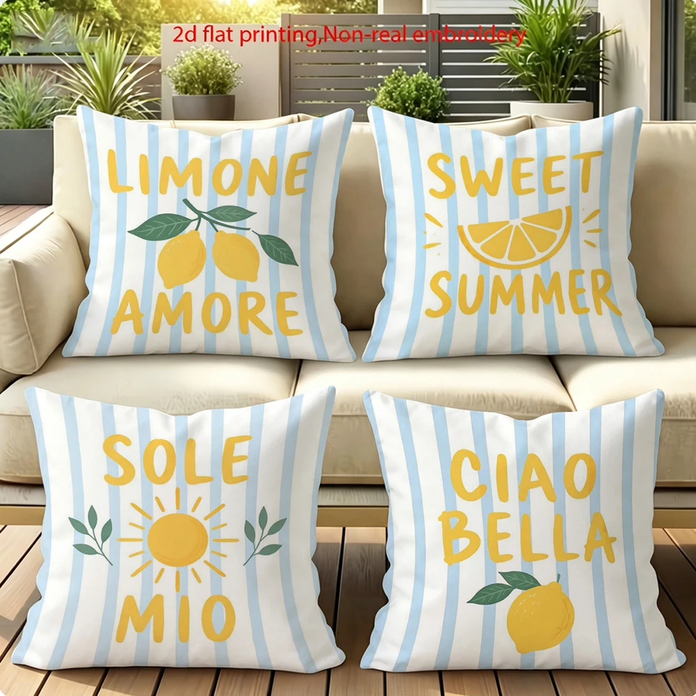 4pcs Summer Lemon Striped Throw Pillow Covers Sweet Summer Ciao Bella Decorative Cushion Cases for Home Sofa Patio