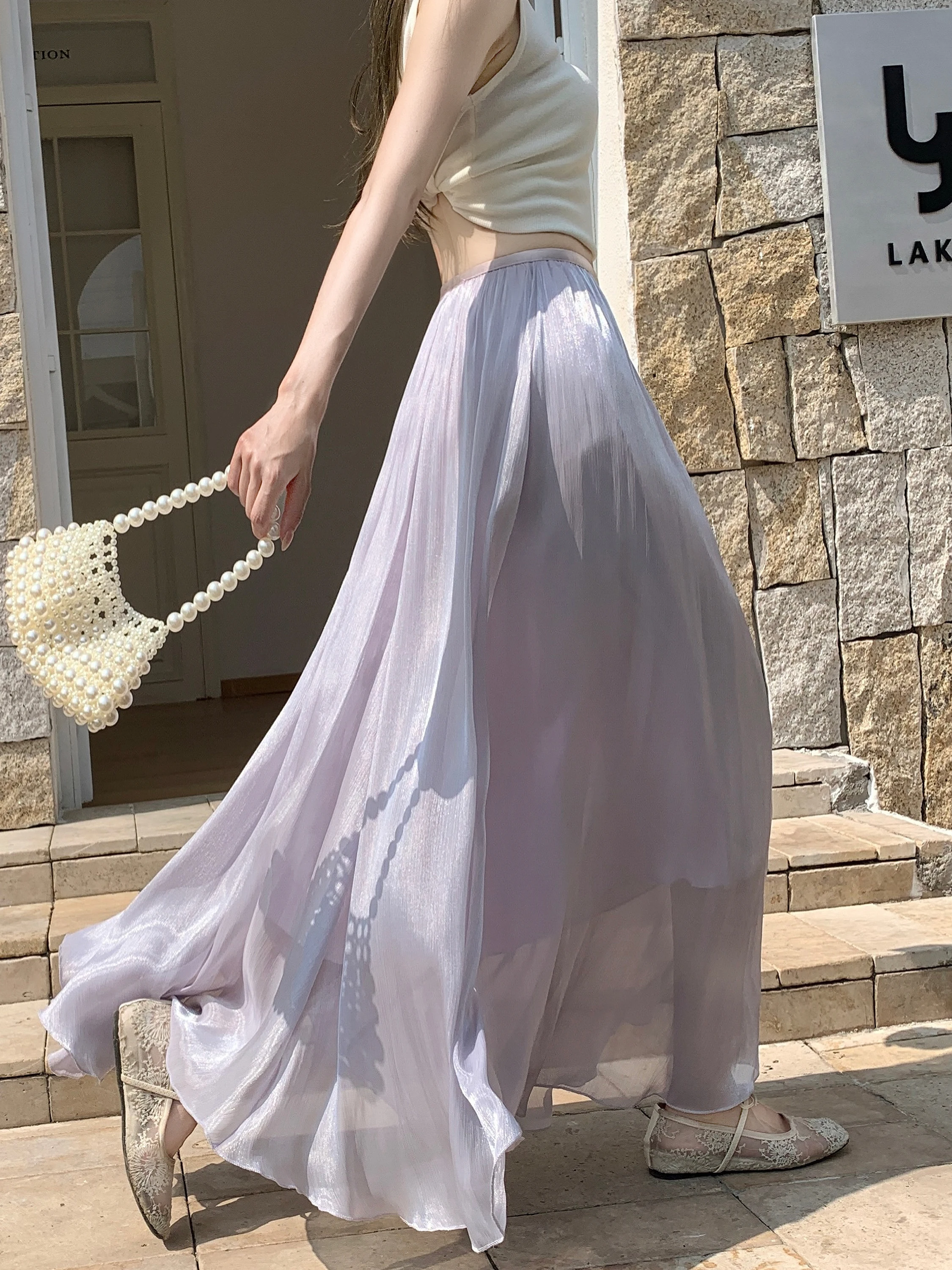 

Summer New Style Women's A-Line Midi Skirt with Pleats Flowing Netting Slimming Hip Covering Drapey Korean High Waist Skirt